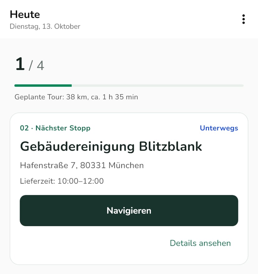Die Fahrer-App: Tagesansicht mit zugewiesener Tour und Fortschritt