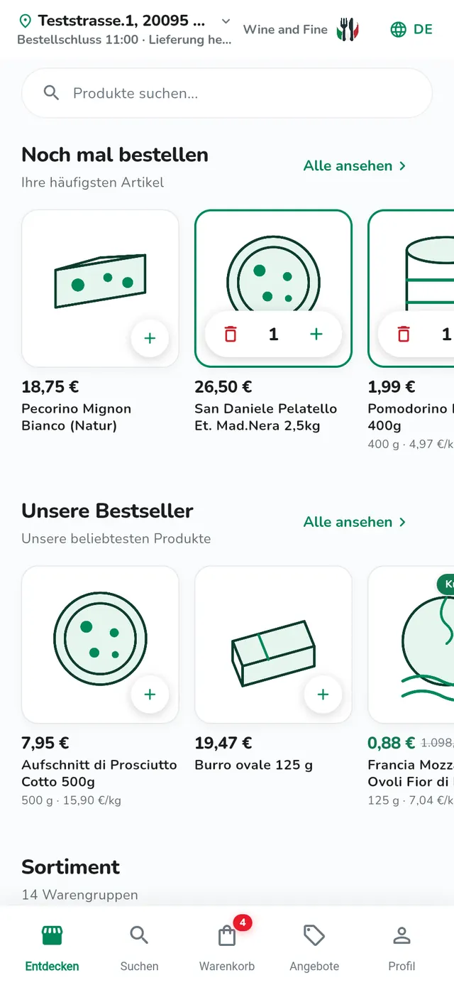 Die Bestell-App: Katalog mit Warengruppen, Bestsellern und den Preisen des Kunden