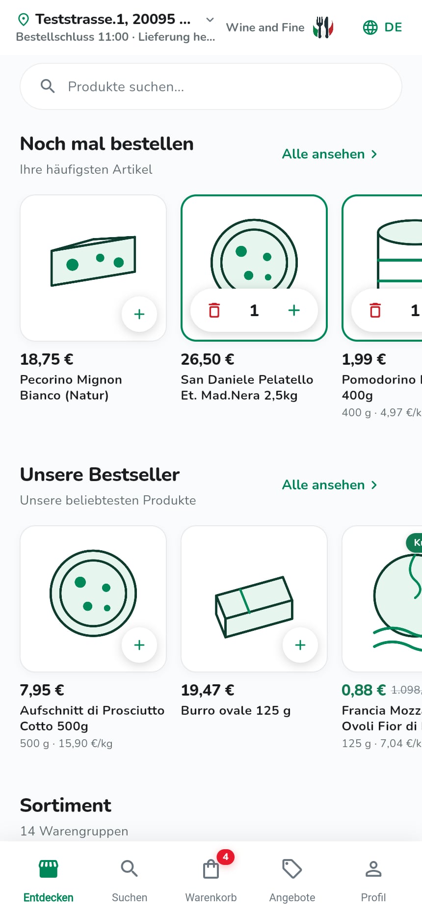 Die Bestell-App: Katalog mit Warengruppen, Bestsellern und den Preisen des Kunden