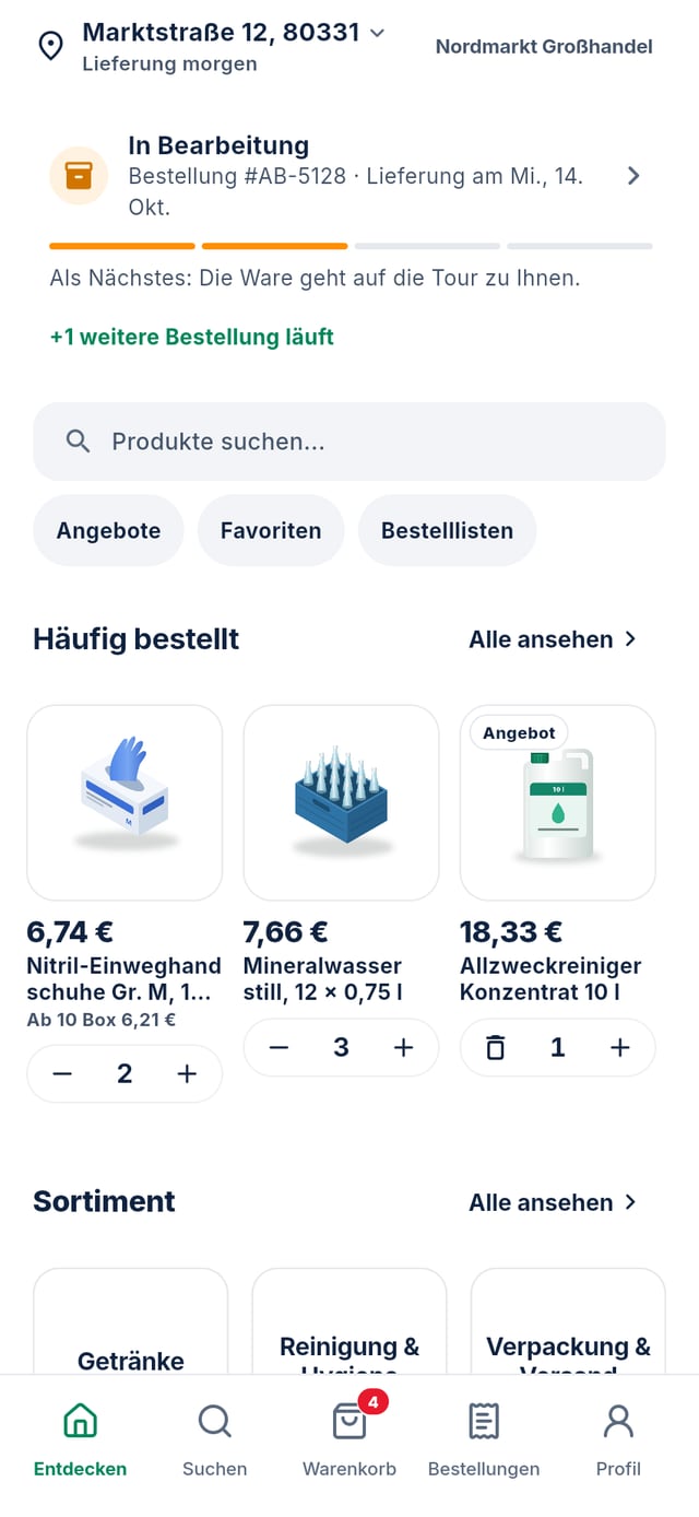 Die Bestell-App für den Beispielhändler Nordmarkt: Katalog mit realistischen Produktbildern und Kundenpreisen