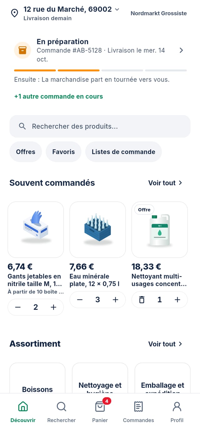L’app de commande pour le grossiste d’exemple Nordmarkt : catalogue avec des photos de produits réalistes et des prix clients