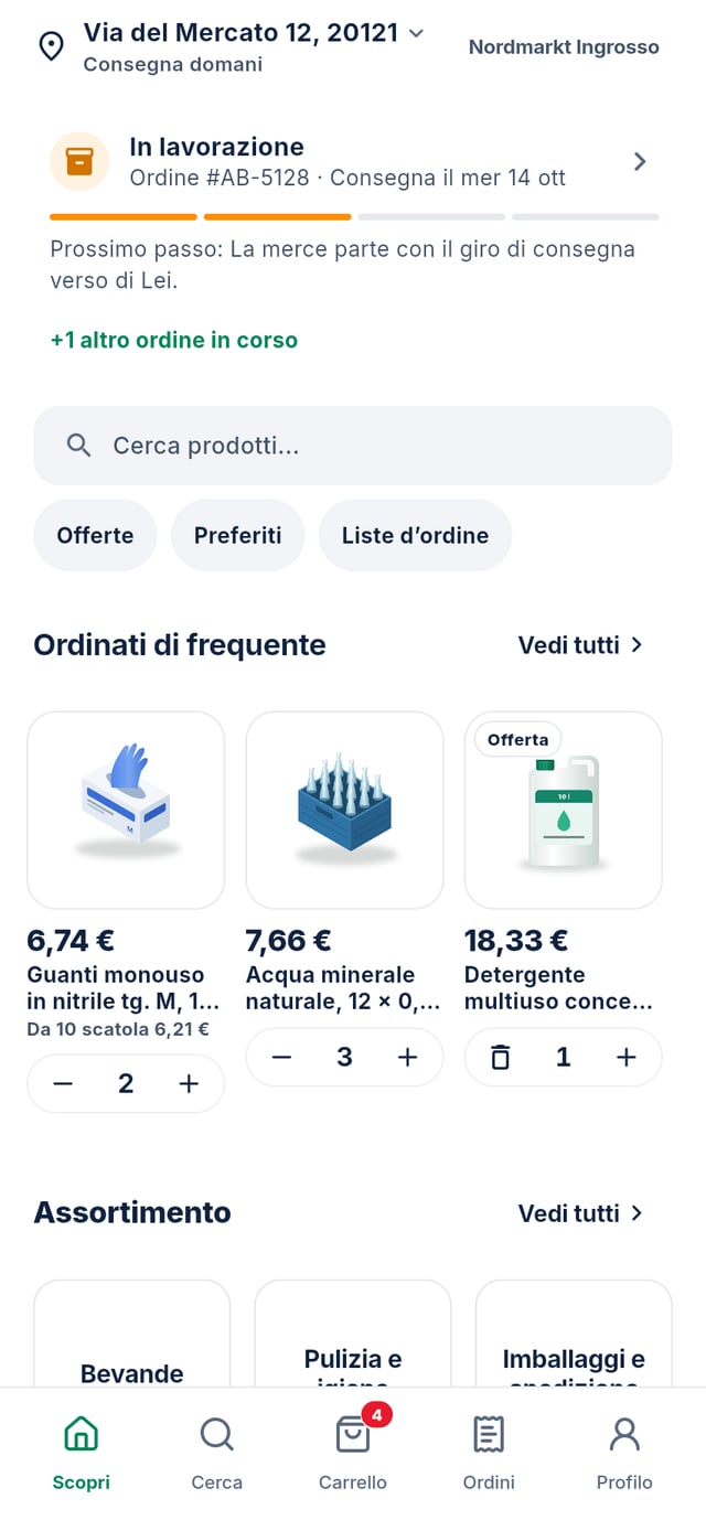 L’app di ordinazione per il grossista di esempio Nordmarkt: catalogo con immagini di prodotto realistiche e prezzi cliente