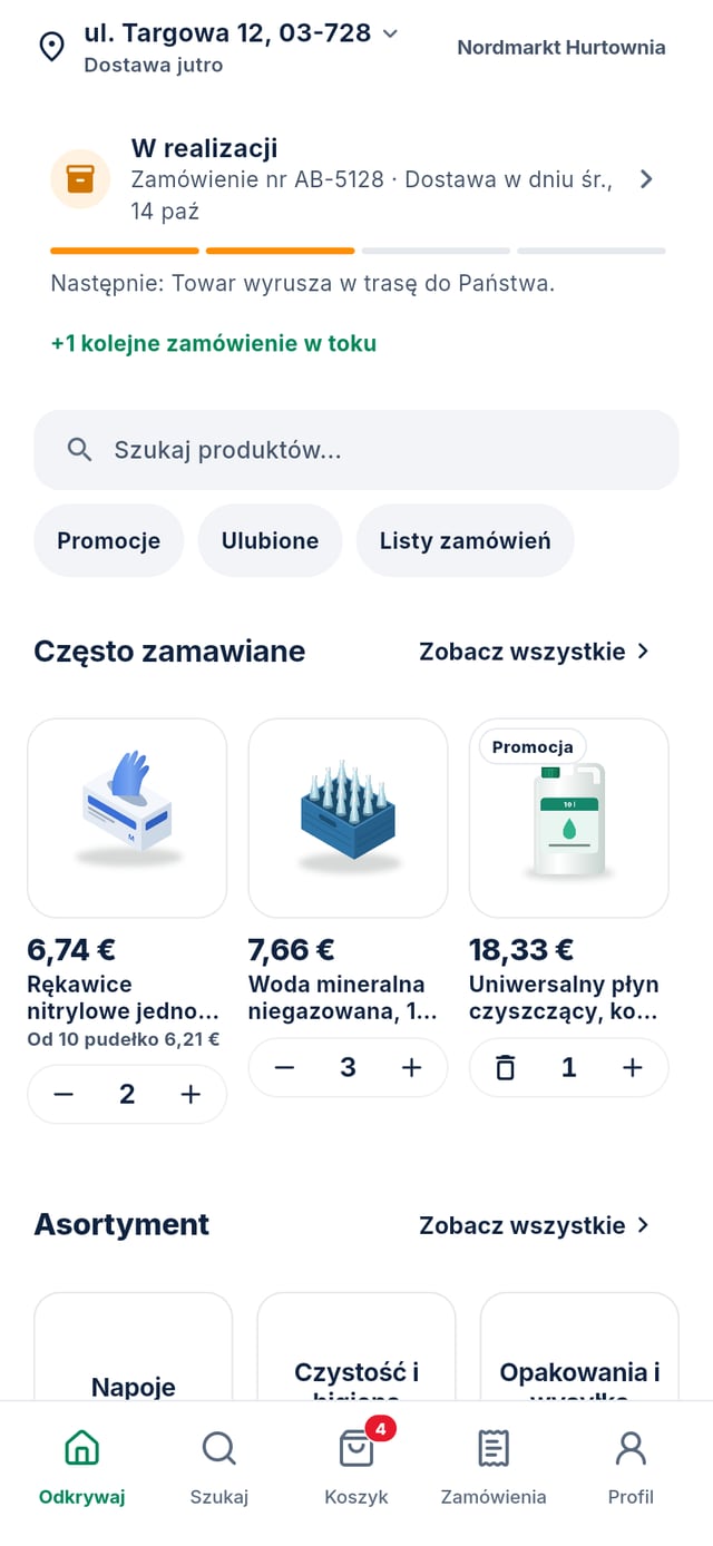 Aplikacja do zamówień dla przykładowej hurtowni Nordmarkt: katalog z realistycznymi zdjęciami produktów i cenami klienta