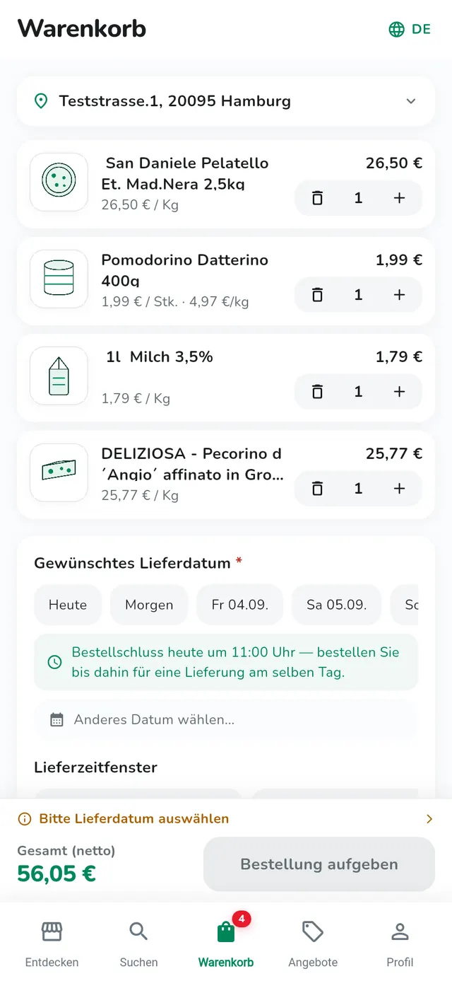 Die Bestell-App: Warenkorb mit Positionen, Wunschliefertag und Bestellschluss