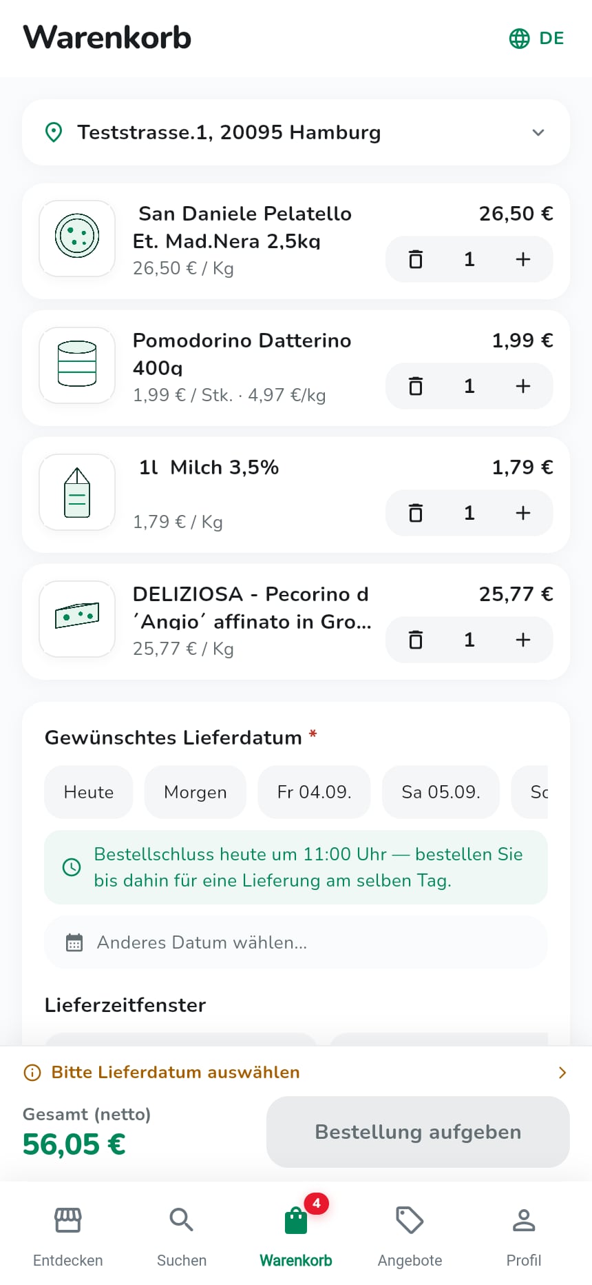 Die Bestell-App: Warenkorb mit Positionen, Wunschliefertag und Bestellschluss